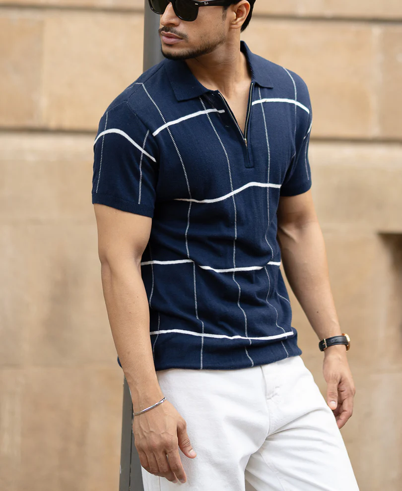 Navy Knitted Checks T-Shirt - Image 3