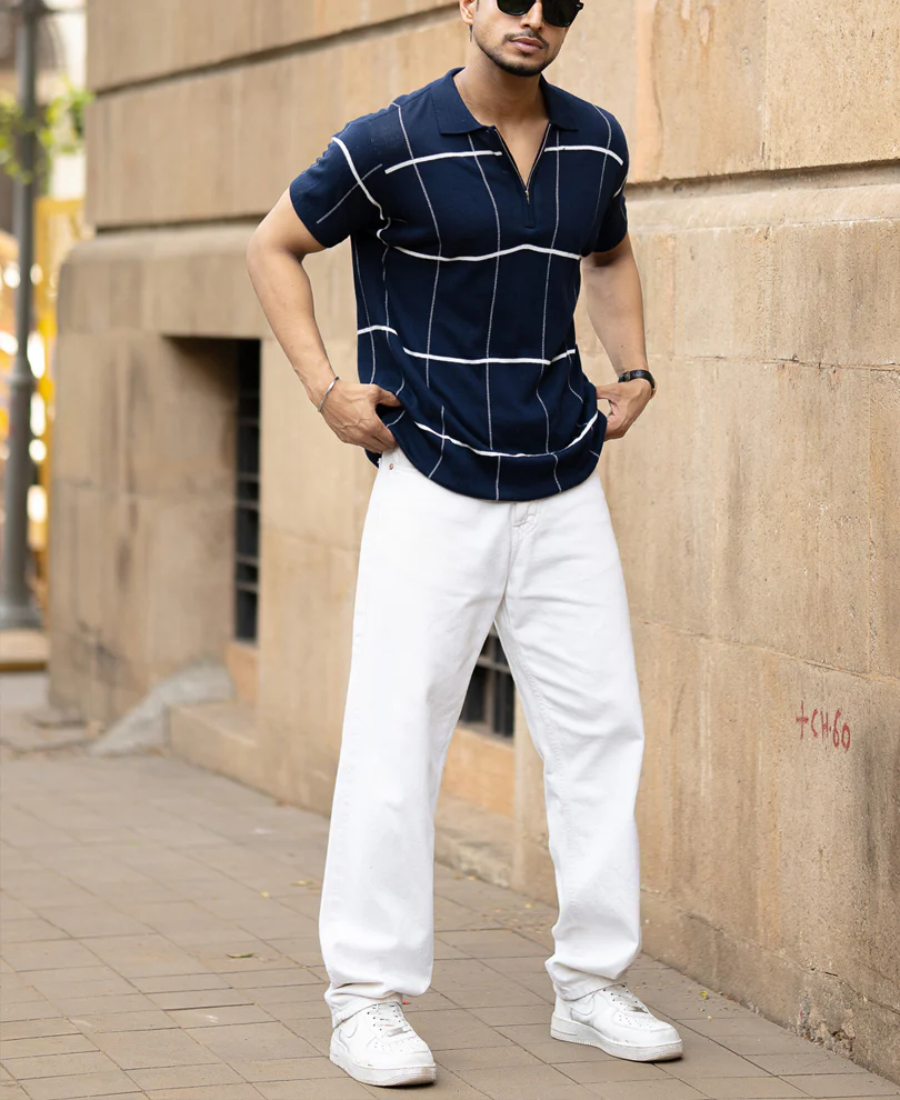 Navy Knitted Checks T-Shirt - Image 4