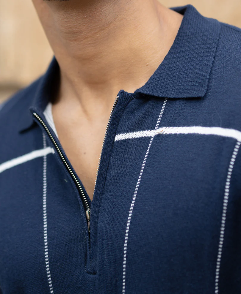 Navy Knitted Checks T-Shirt - Image 5