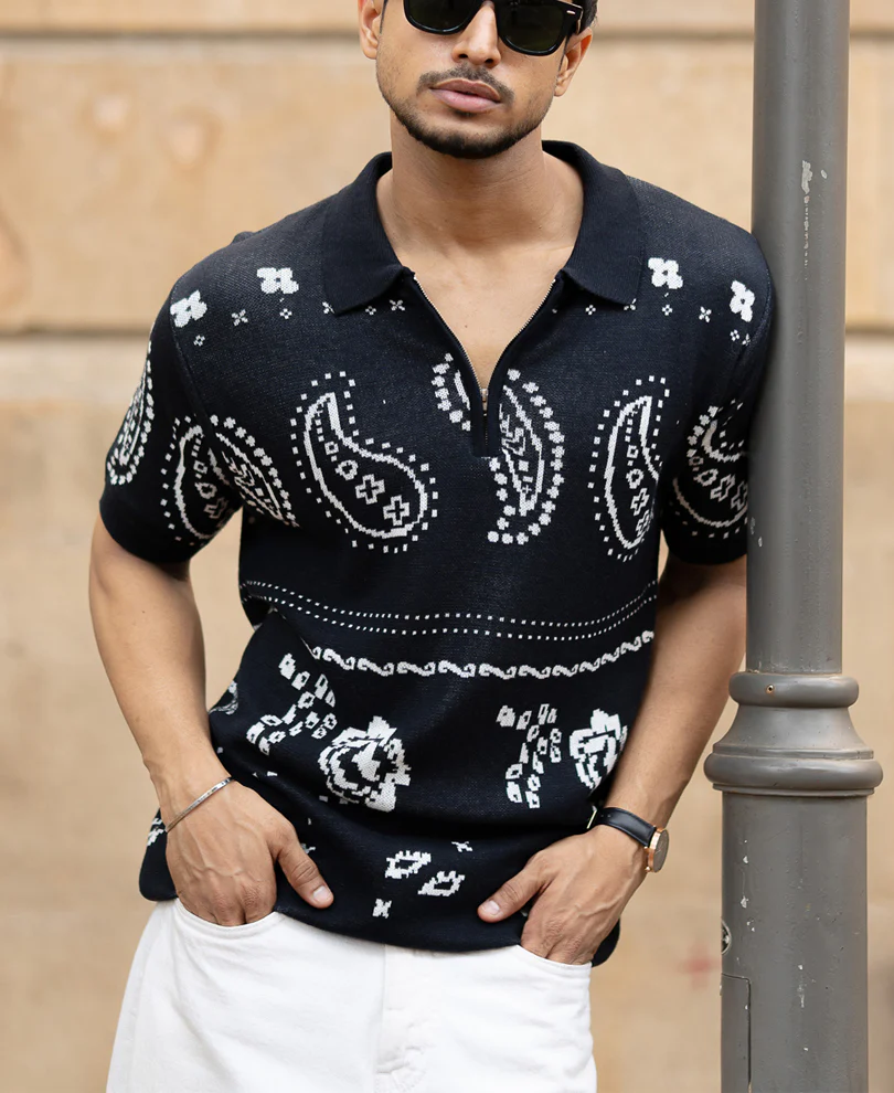 Navy Paisley Jacquard Knit T-Shirt - Image 2