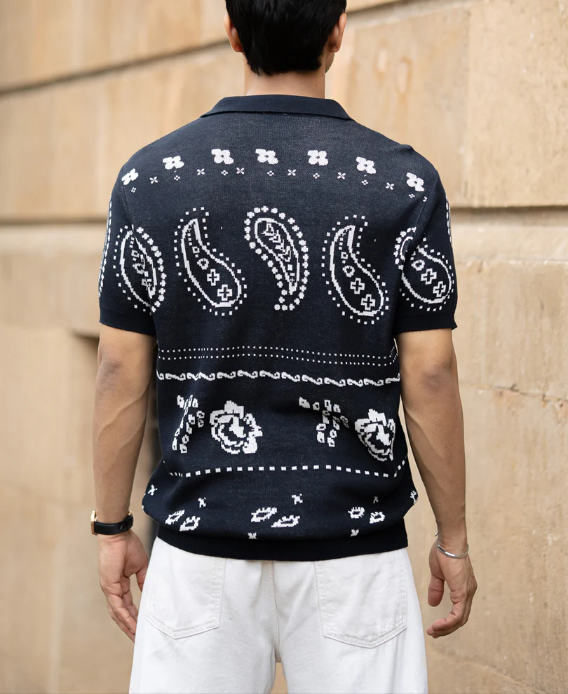 Navy Paisley Jacquard Knit T-Shirt - Image 5