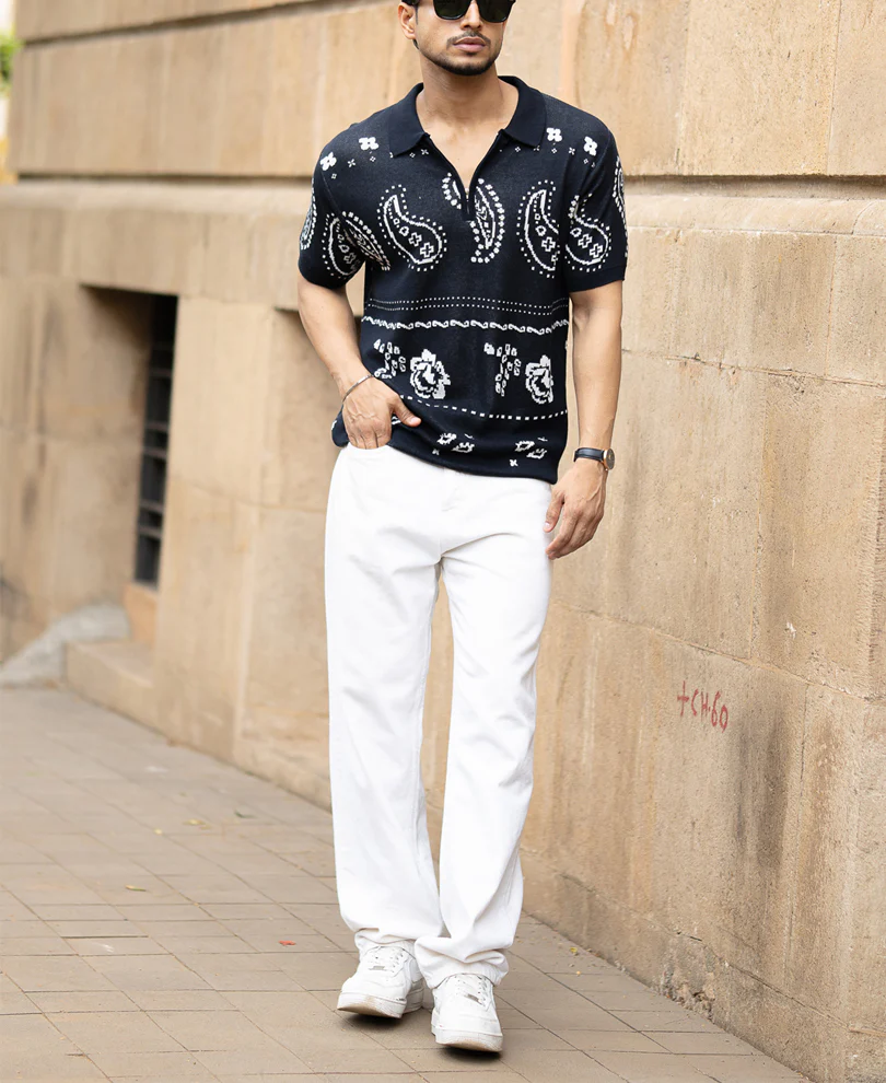 Navy Paisley Jacquard Knit T-Shirt - Image 6
