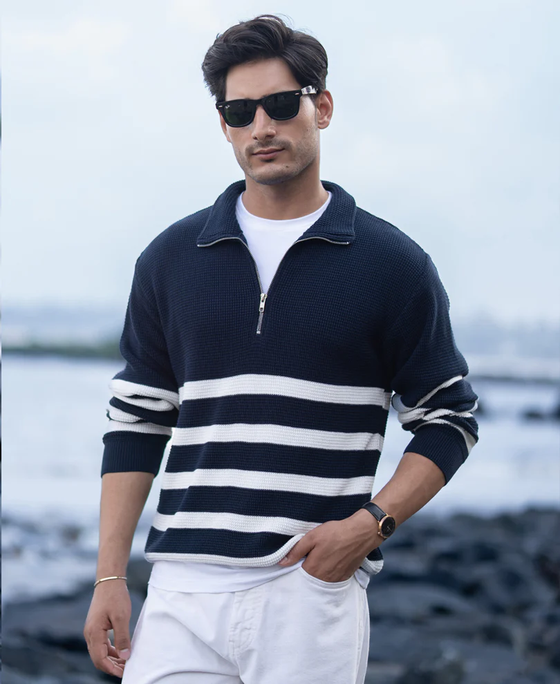 Navy Striped Zipper Neck Sweater