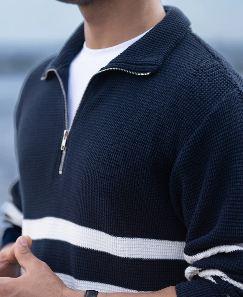 Navy Striped Zipper Neck Sweater - Image 7