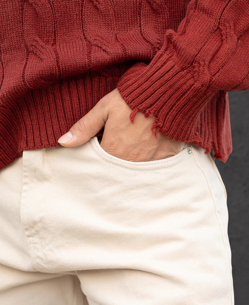 Ochre Distressed Cable Knit Sweater - Image 4
