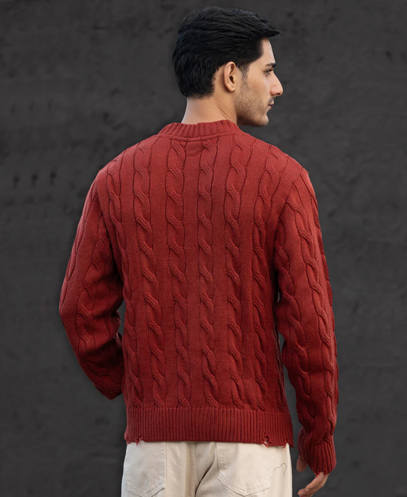 Ochre Distressed Cable Knit Sweater - Image 5