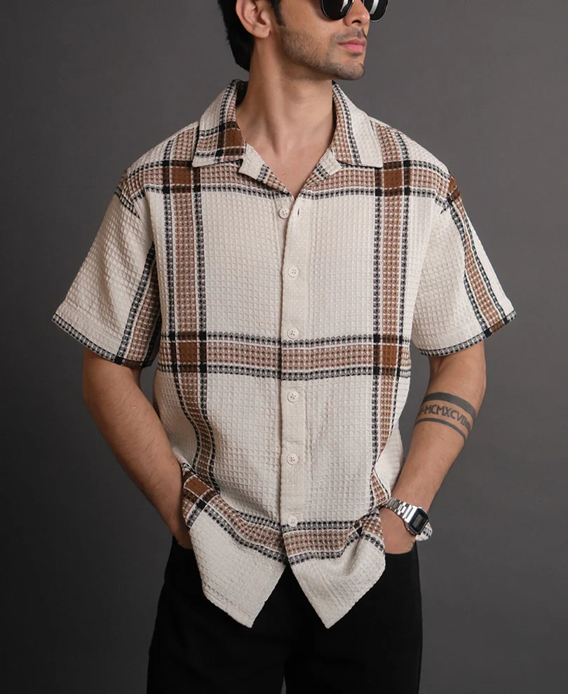 Off White and Brown Structured Checks Half Sleeves Shirt - Image 3