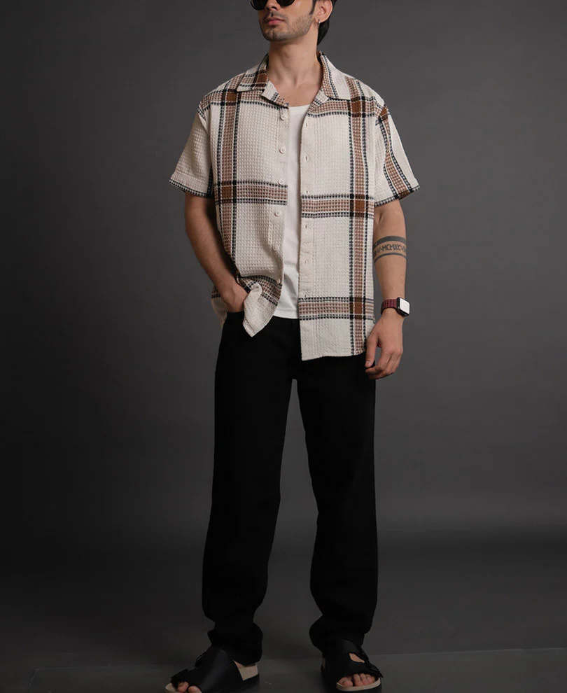 Off White and Brown Structured Checks Half Sleeves Shirt - Image 7