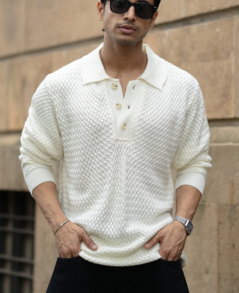 Off White Knit Polo Sweater - Image 2