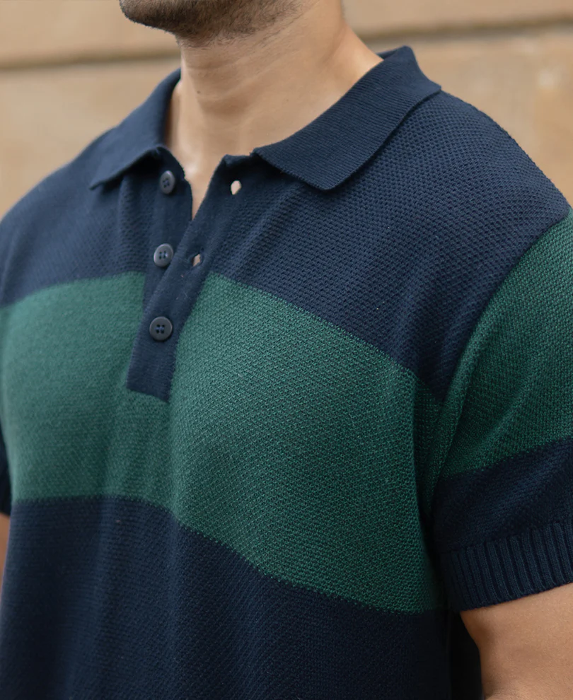 Olive And Navy Knitted Stripe T-Shirt - Image 4