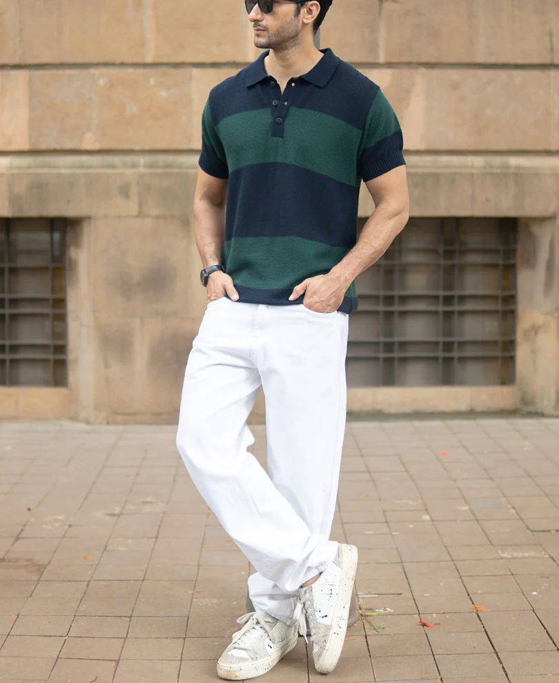 Olive And Navy Knitted Stripe T-Shirt - Image 6