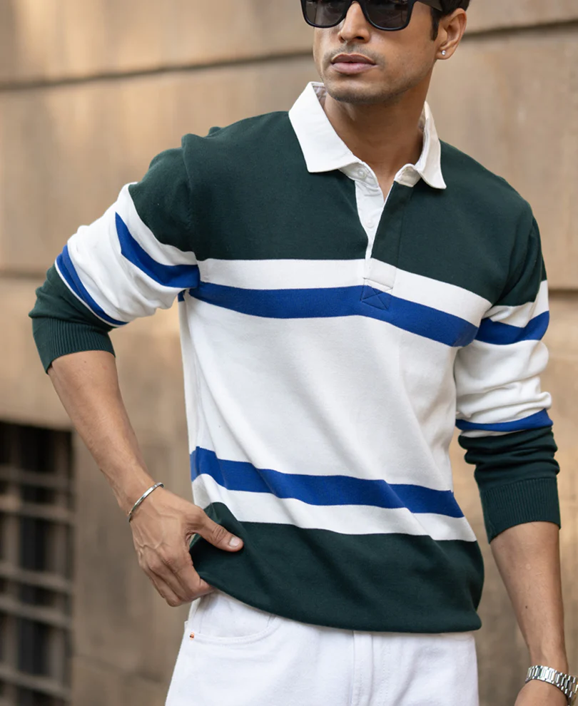 Olive And White Stripe Polo T-Shirt - Image 2
