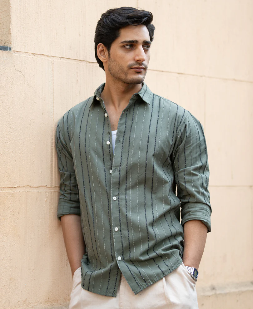 Olive Boucle Stripe Shirt