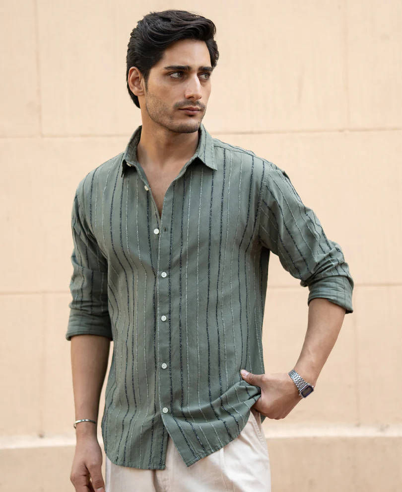 Olive Boucle Stripe Shirt - Image 2