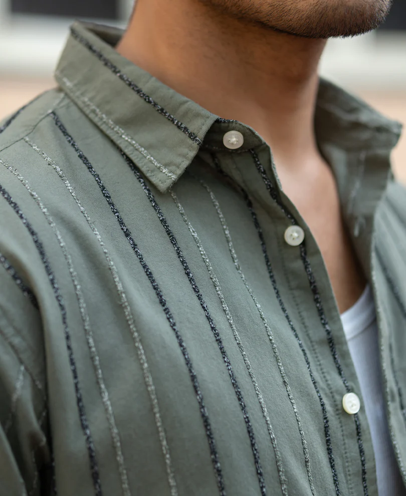 Olive Boucle Stripe Shirt - Image 3