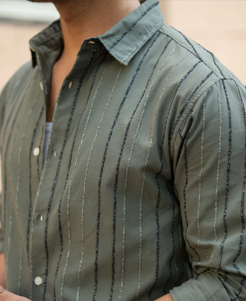 Olive Boucle Stripe Shirt - Image 4