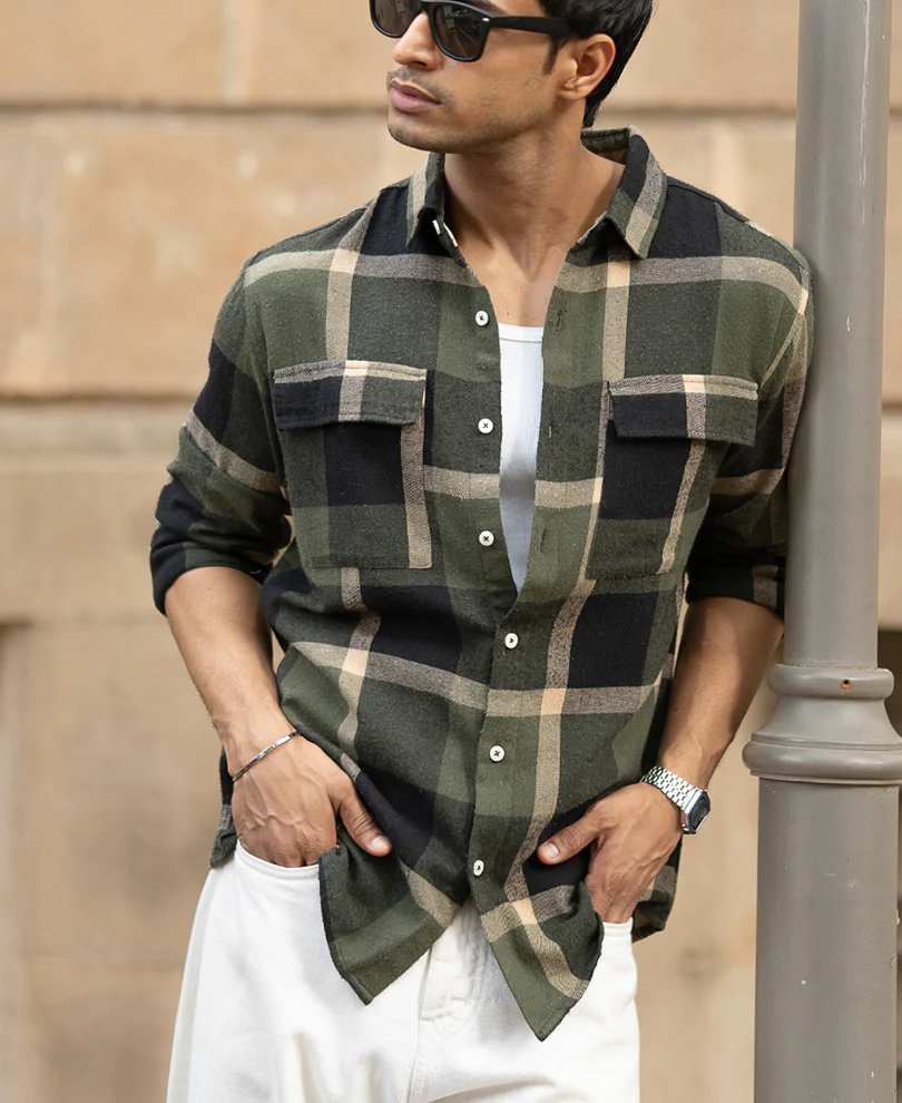 Olive Brushed Checks Shirt - Image 2