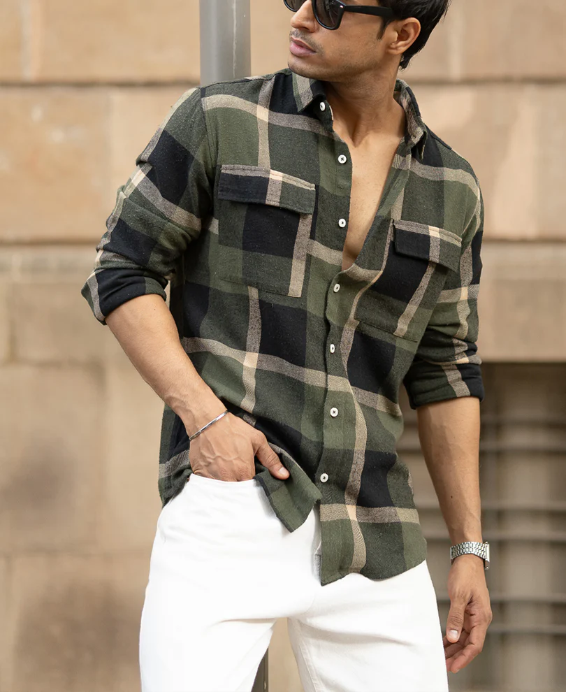 Olive Brushed Checks Shirt - Image 3