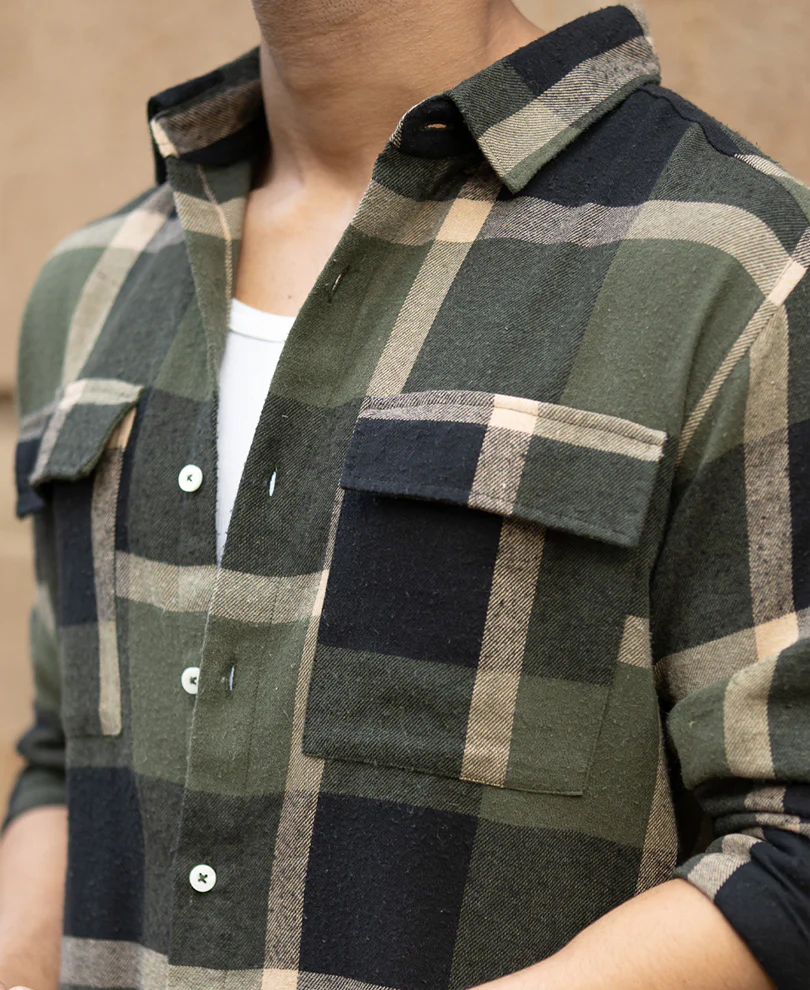Olive Brushed Checks Shirt - Image 4