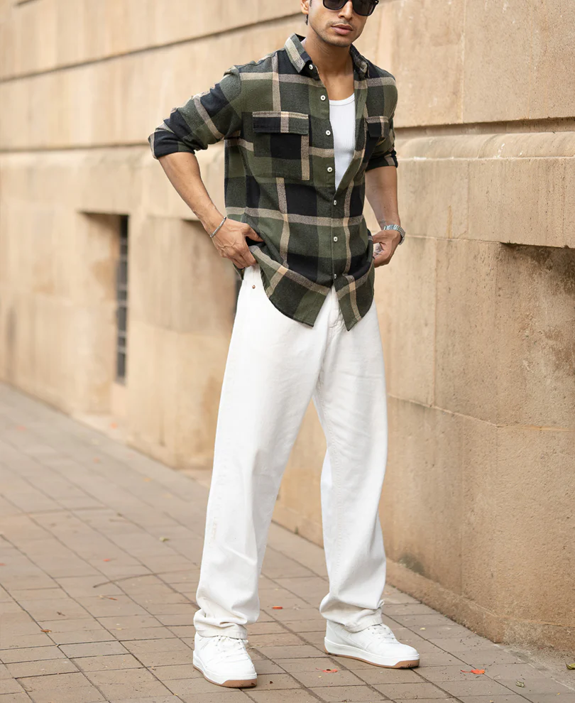 Olive Brushed Checks Shirt - Image 6