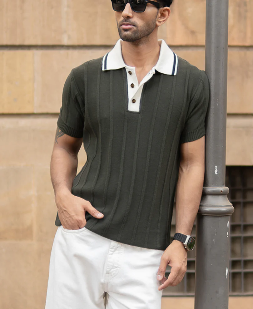 Olive Contrast Collar Knit T-Shirt - Image 2