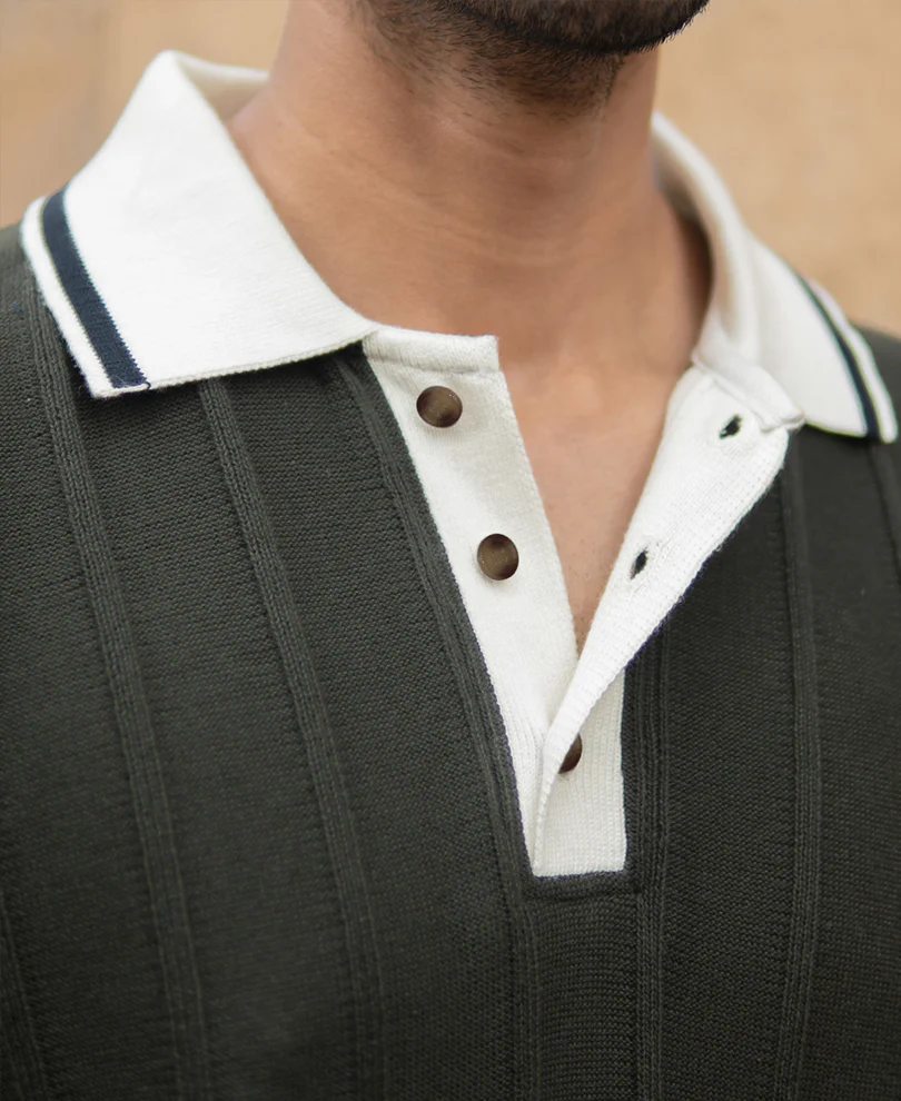 Olive Contrast Collar Knit T-Shirt - Image 3