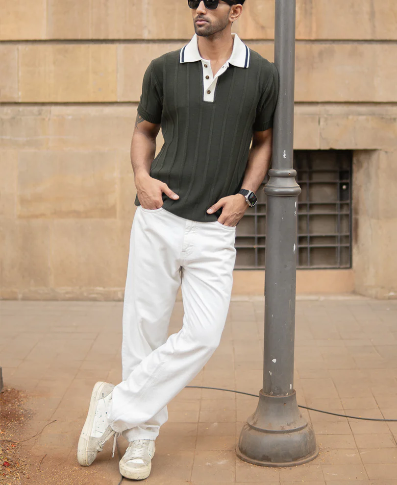 Olive Contrast Collar Knit T-Shirt - Image 6