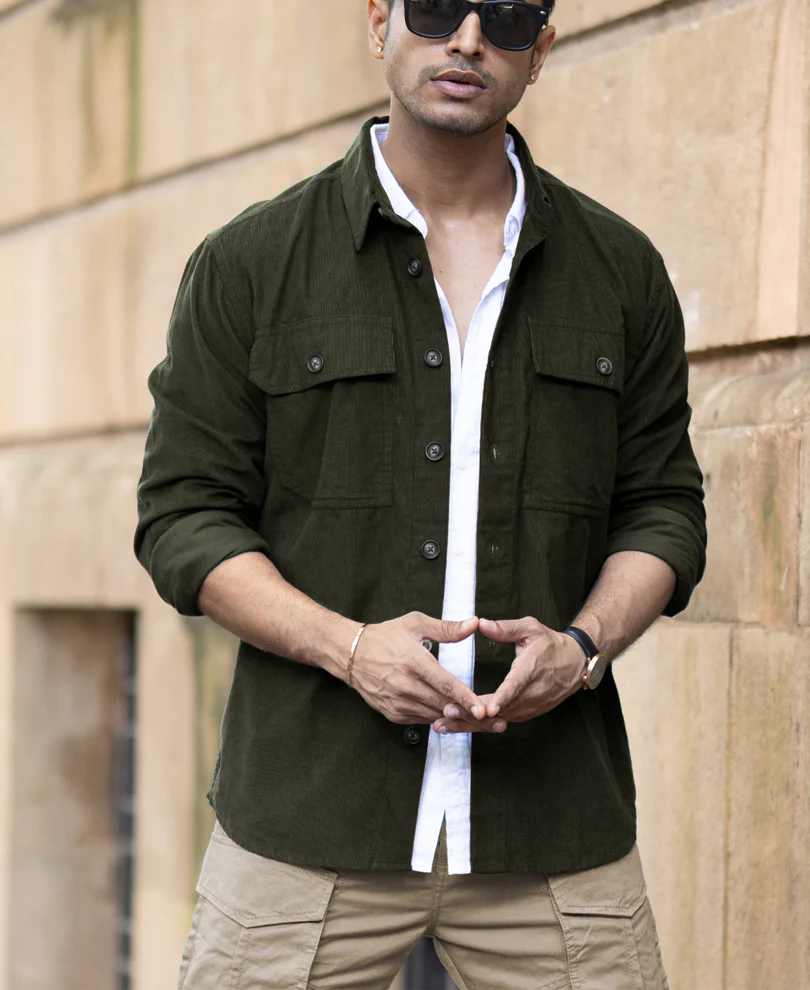 Olive Corduroy Shirt With Pockets - Image 2