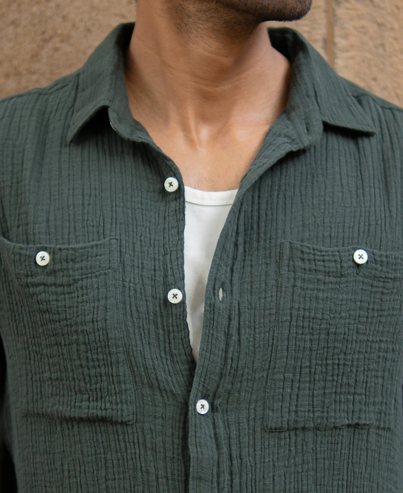 Olive Crinkled Shirt With Pockets - Image 3