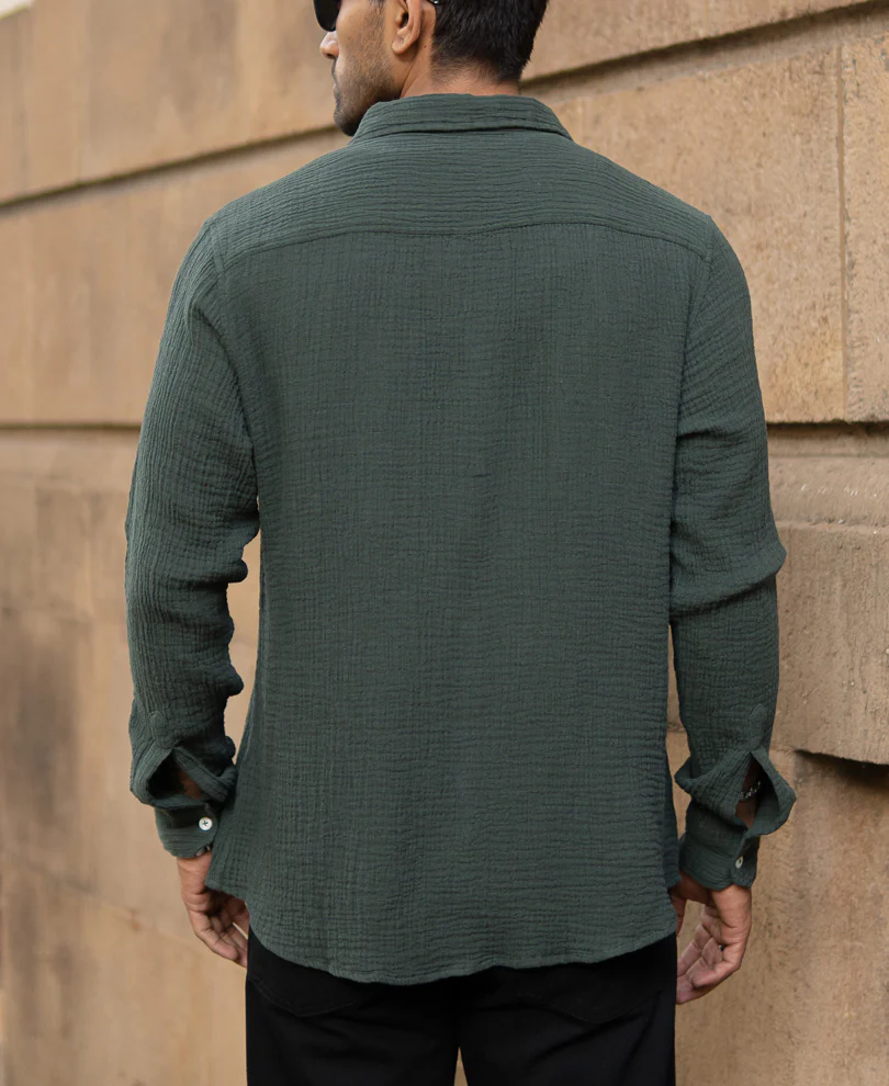 Olive Crinkled Shirt With Pockets - Image 4