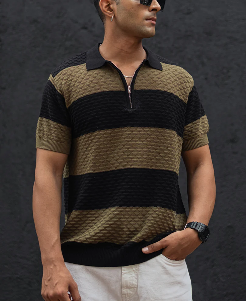 Olive Green and Black Structured Striped Regular Half Sleeves T Shirt - Image 2