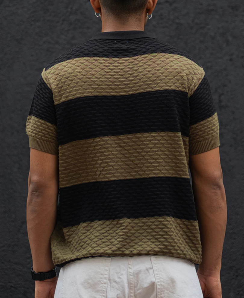 Olive Green and Black Structured Striped Regular Half Sleeves T Shirt - Image 4