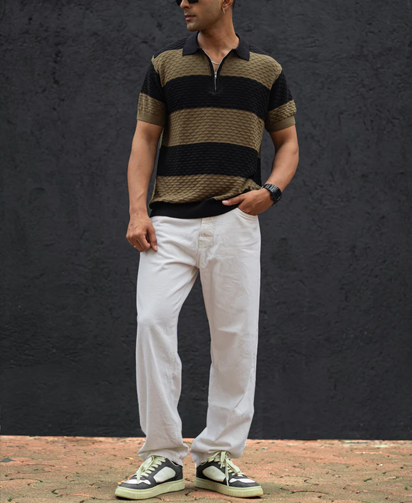 Olive Green and Black Structured Striped Regular Half Sleeves T Shirt - Image 6