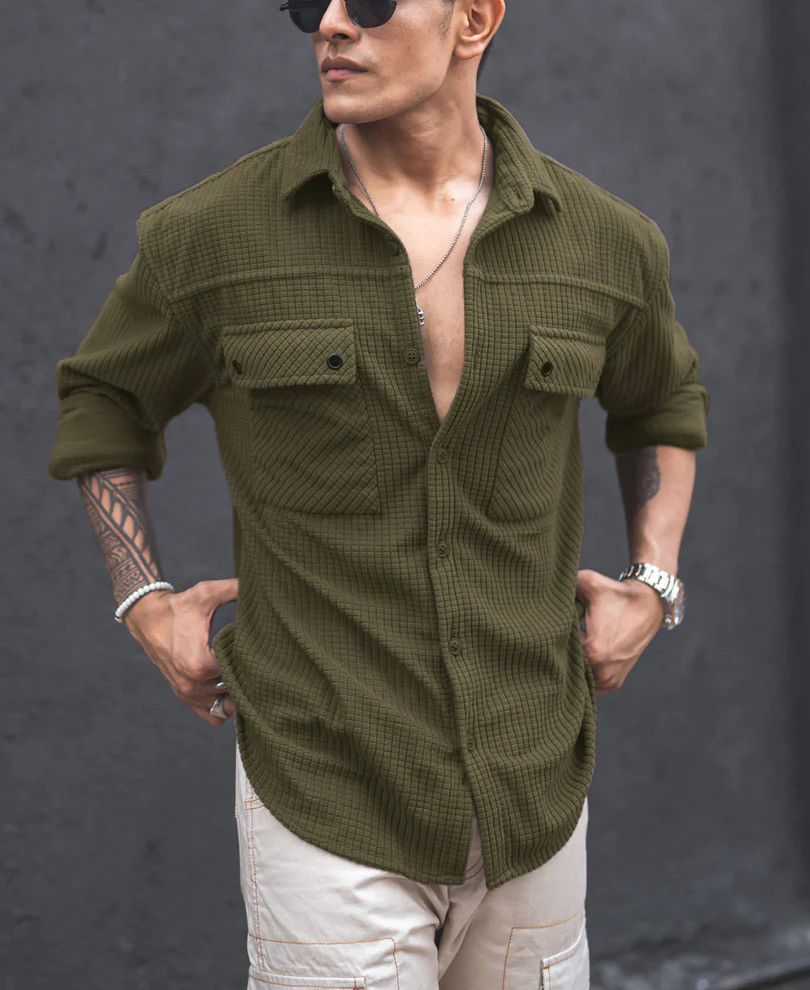 Olive Green Structured Knit Oversized Shirt - Image 2