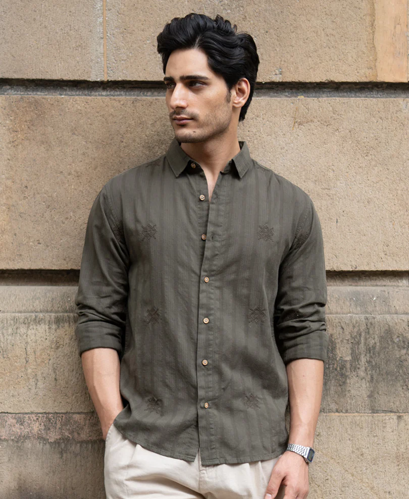 Olive Structure Embroidered Shirt - Image 3
