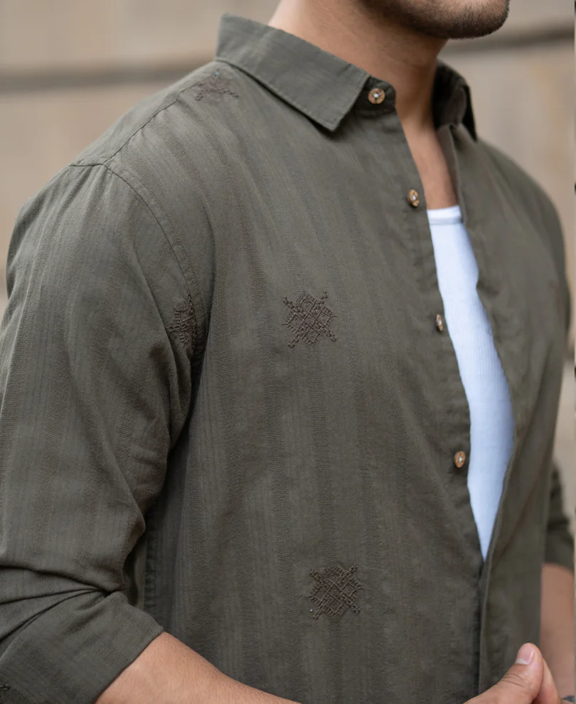 Olive Structure Embroidered Shirt - Image 4