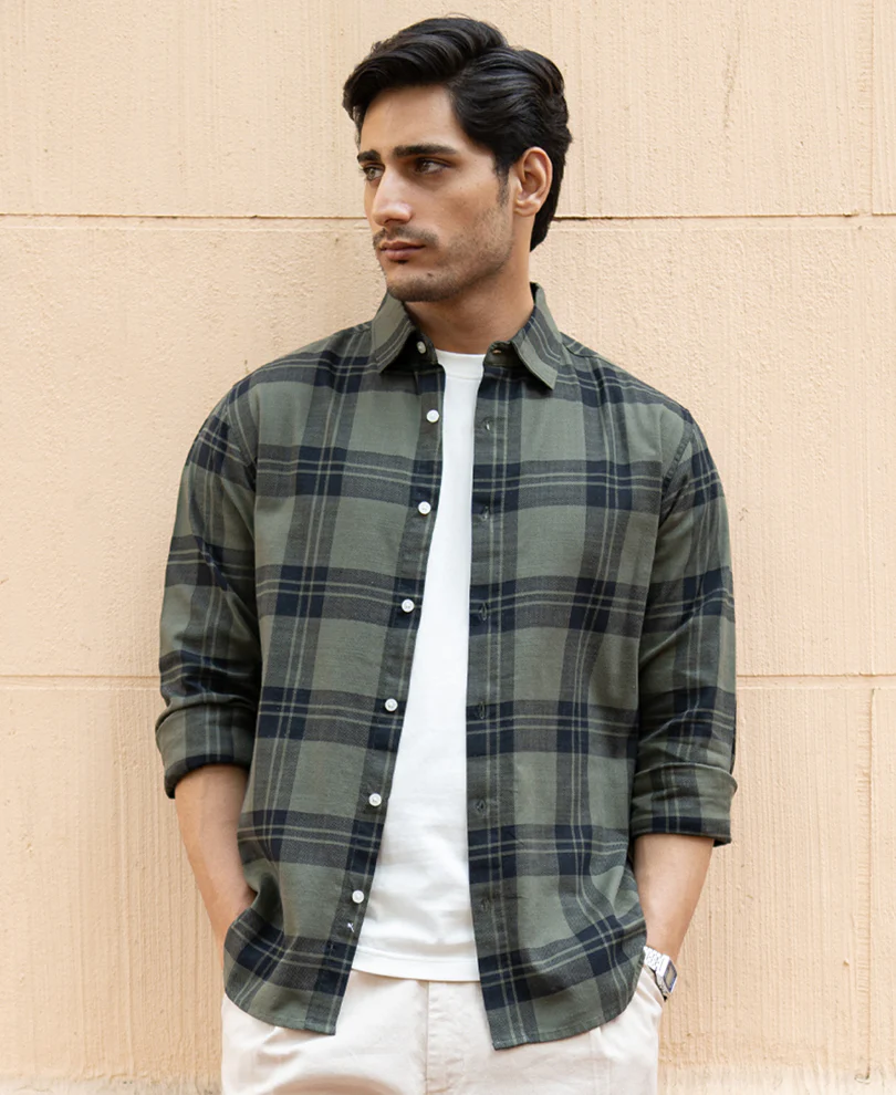 Olive Structured Checks Shirt