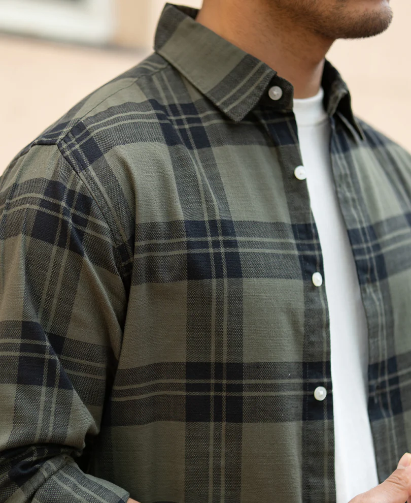 Olive Structured Checks Shirt - Image 4