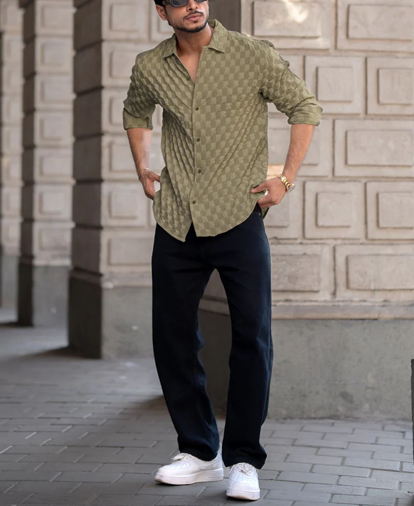 Olive Structured Full Sleeves Regular Fit Shirt - Image 5