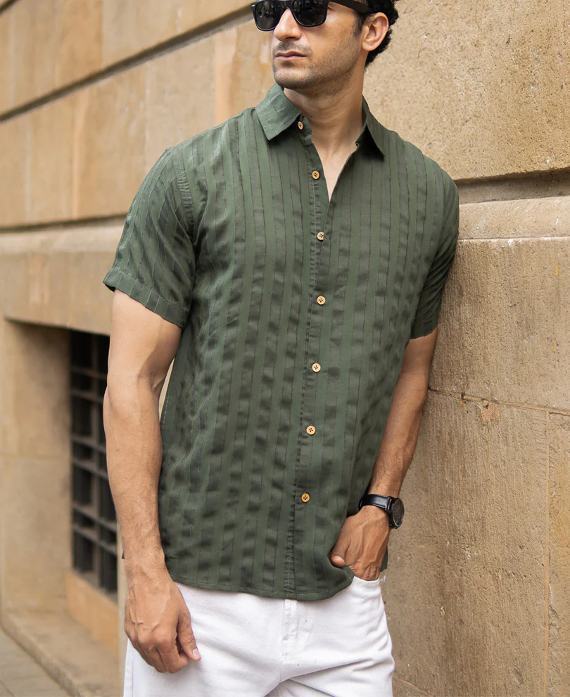 Olive Structured Self Striped Shirt - Image 2