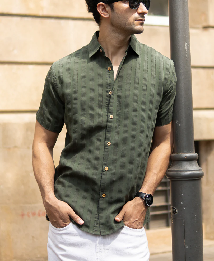 Olive Structured Self Striped Shirt - Image 3