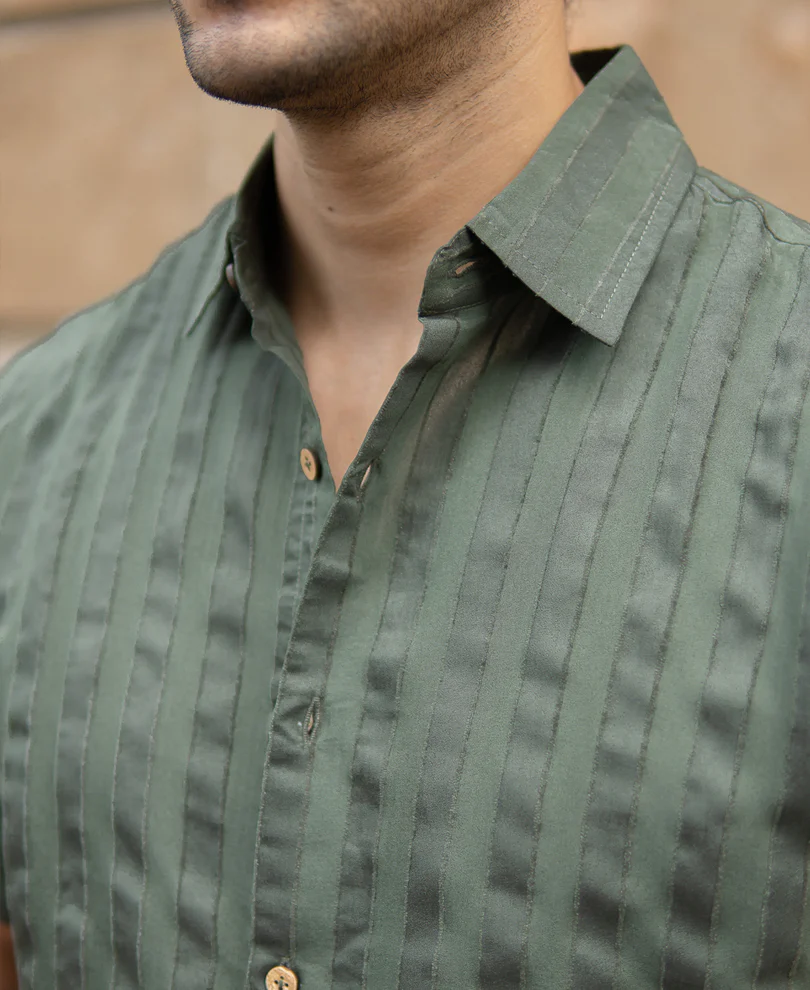 Olive Structured Self Striped Shirt - Image 4