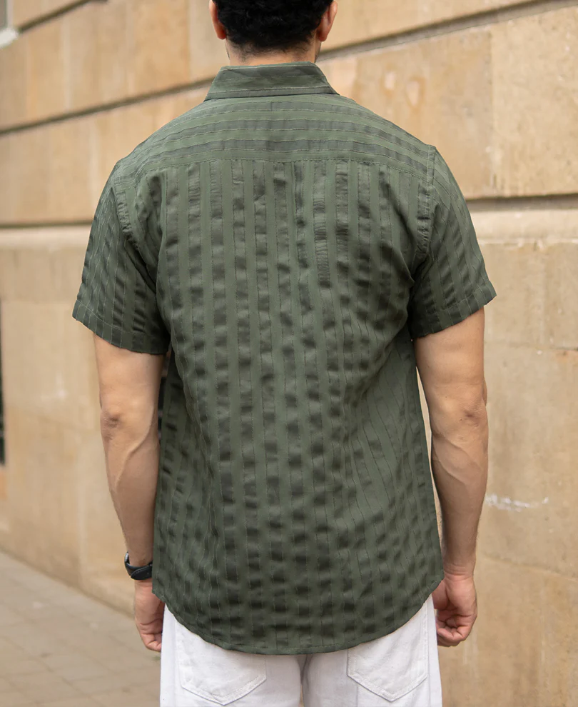 Olive Structured Self Striped Shirt - Image 5
