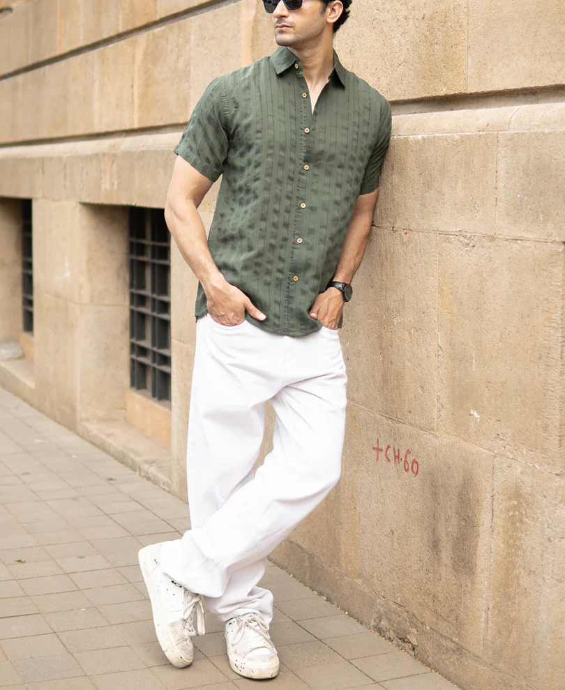Olive Structured Self Striped Shirt - Image 6