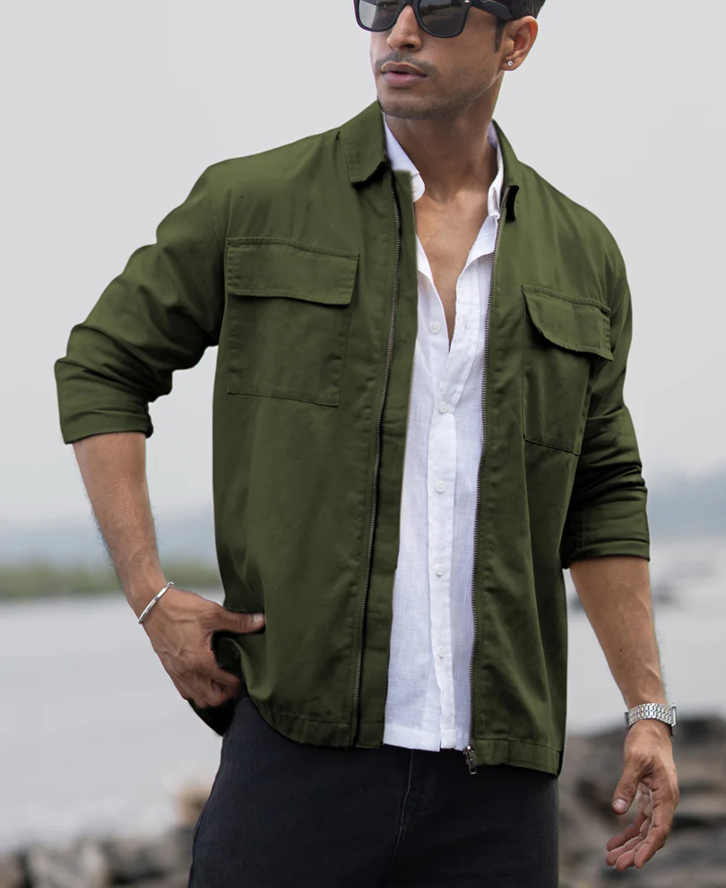 Olive Structured Zipper Overshirt - Image 2