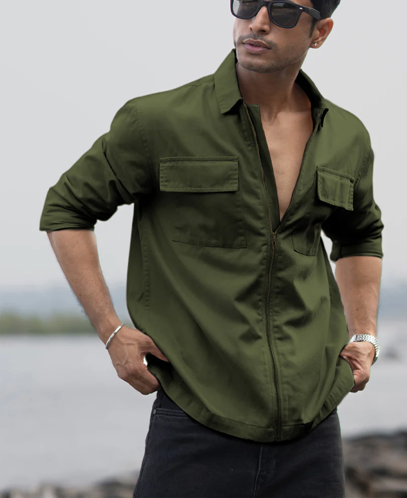 Olive Structured Zipper Overshirt - Image 3
