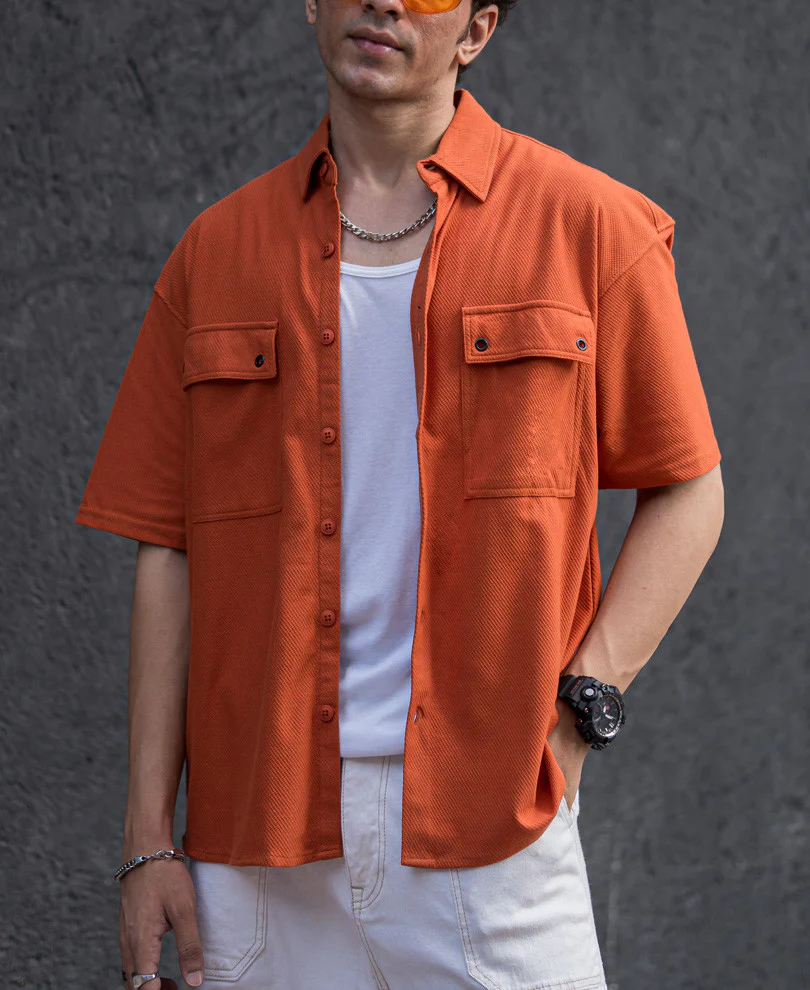 Orange Flap Pocket Knitted Shacket Oversize Drop Shoulder Shirt - Image 2