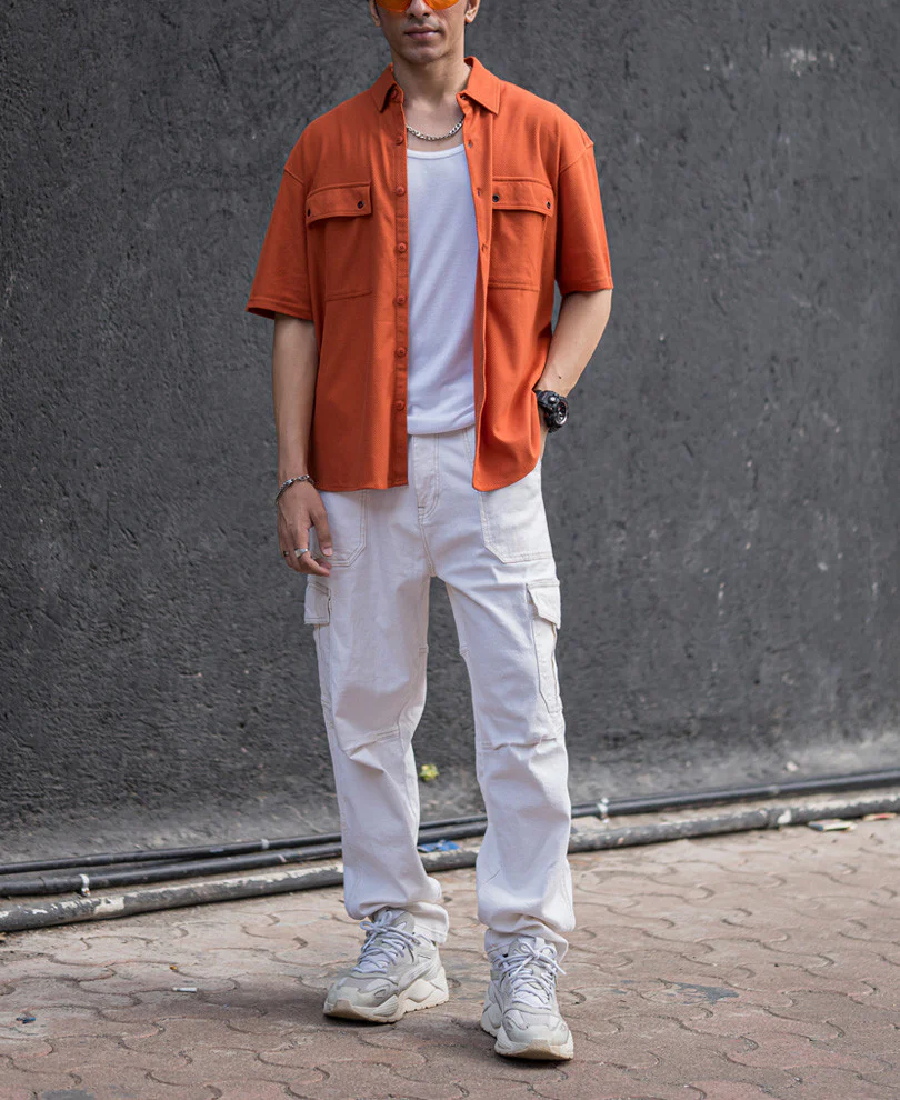 Orange Flap Pocket Knitted Shacket Oversize Drop Shoulder Shirt - Image 4