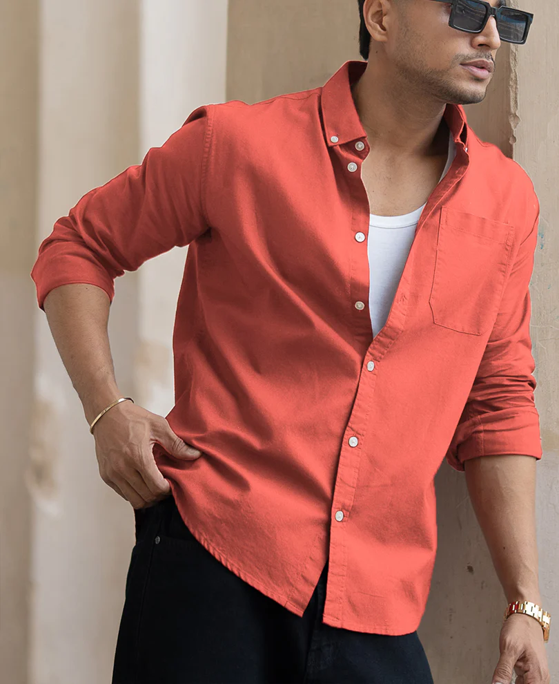 Orange Rust Cotton Oxford Shirt - Image 3