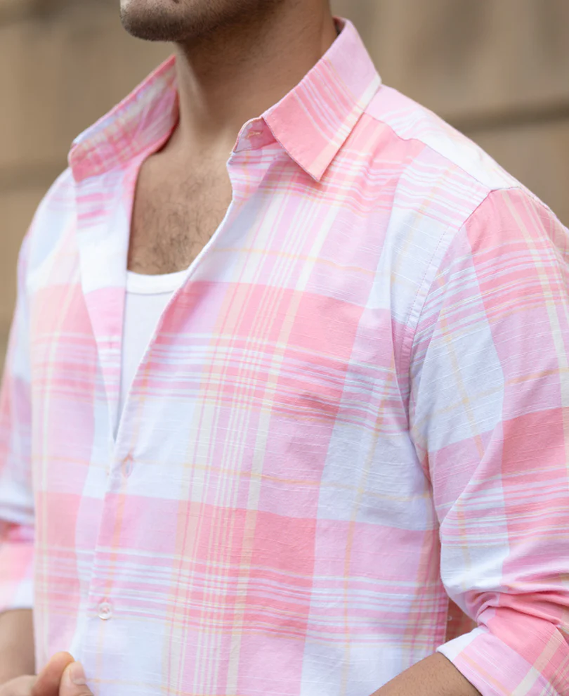 Peach Lightweight Summer Checks Shirt - Image 4